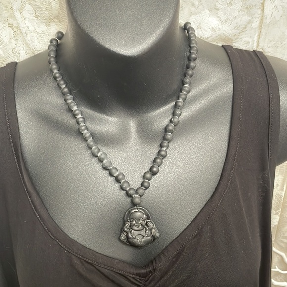 Matt Unisex Black Obsidian Carved Laughing Buddha Pendant Necklace - Picture 2 of 6